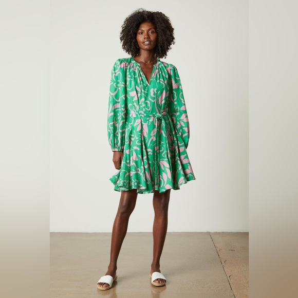 $325 VELVET Kiki‎ Printed Cotton Dress green pink RHODE Ella swing belted mini - Picture 4 of 9
